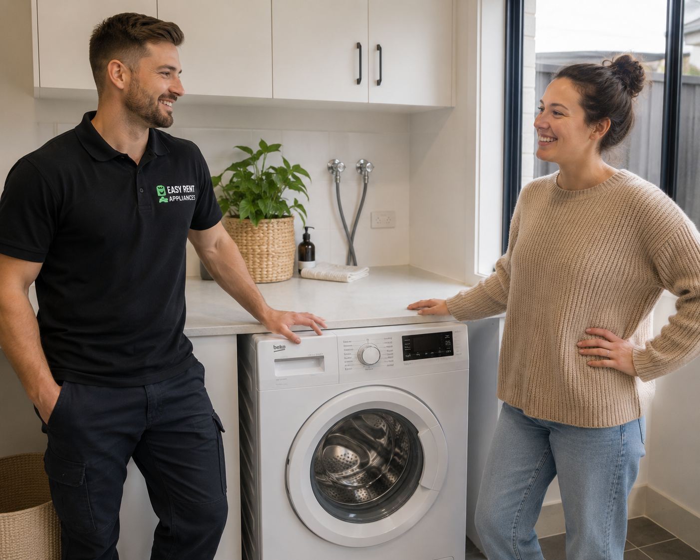 Easy Rent technician installing a washing machine in a Gold Coast laundry