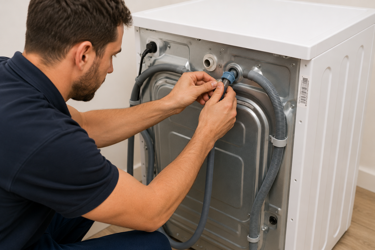 Technician connecting braided water hoses to a washing machine