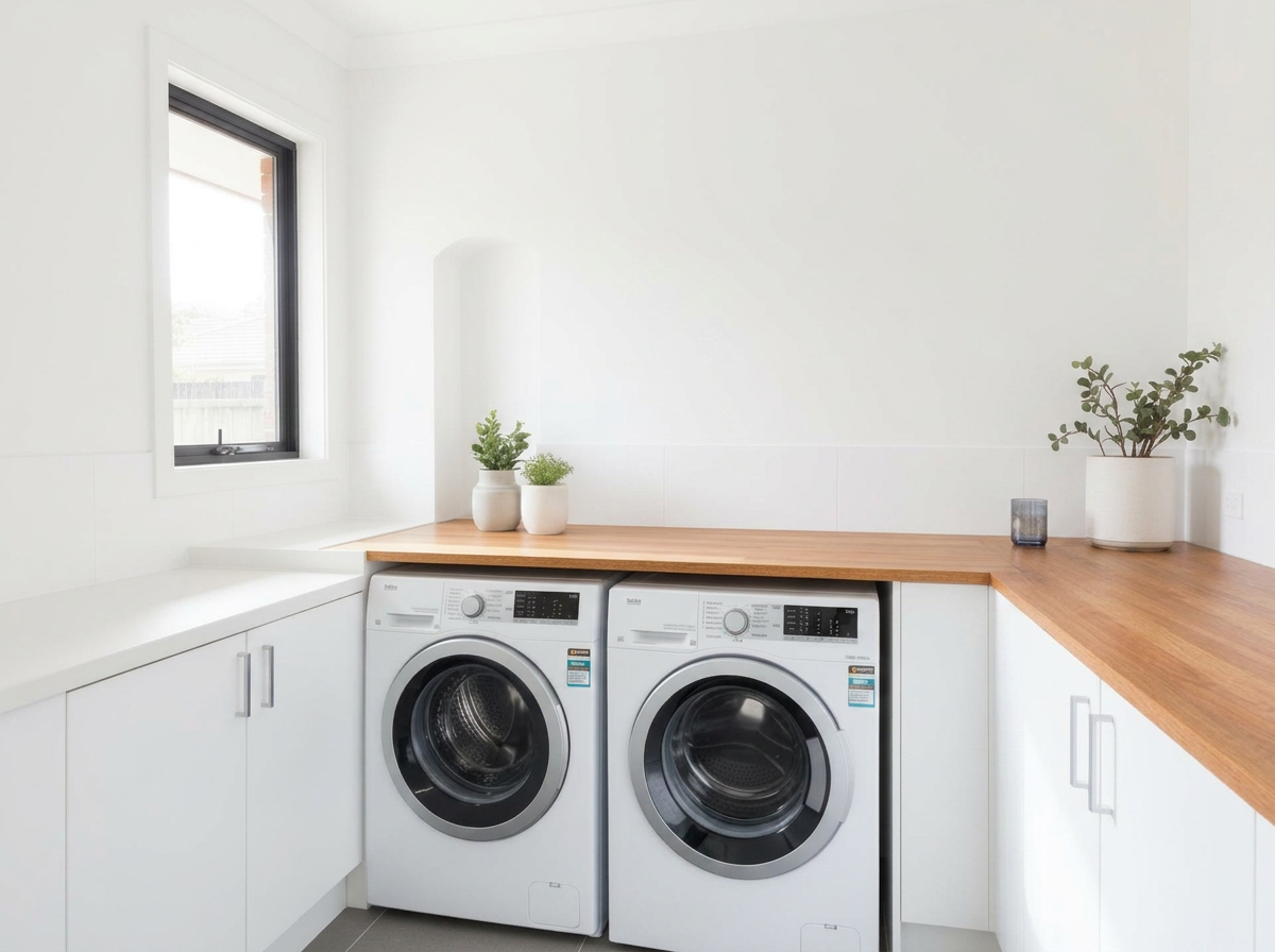 Bright modern Australian laundry with washing machine and dryer